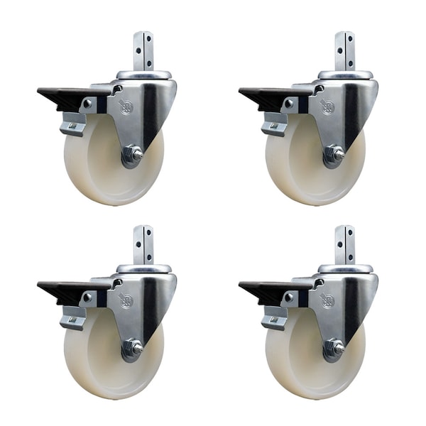 4'' Nylon Wheel Swivel 3/4'' Square Stem Caster Set with Brake, 4PK